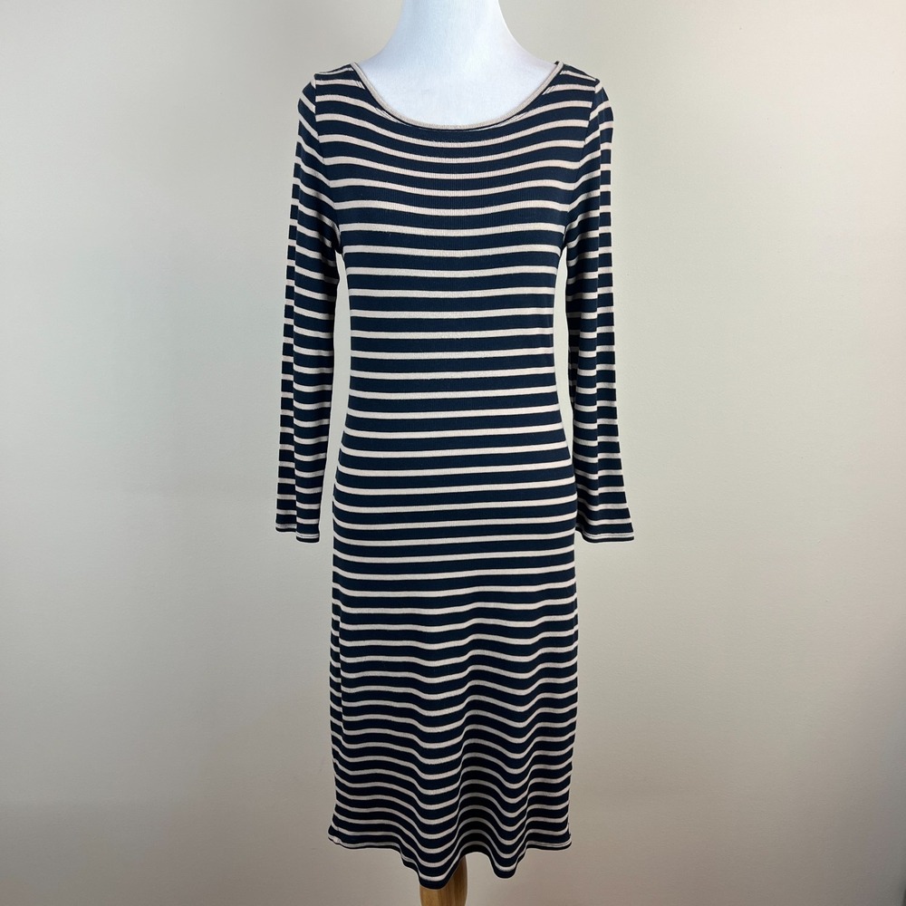 BCBGMAXAZRIA Dress Large Navy Beige Stripe Long Sleeve Lyocell Knit Sheath Briza